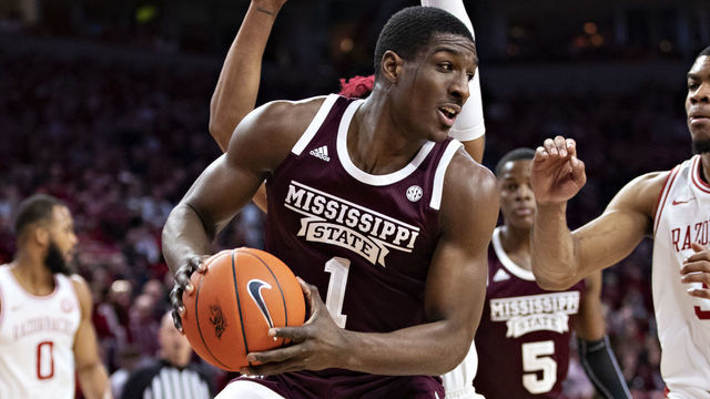 FAYETTEVILLE, AR - FEBRUARY 15: Reggie Perry #1 of the Mississippi State Bulldogs tries to go up for a shot during a game against the Arkansas Razorbacks at Bud Walton Arena on February 15, 2020 in Fayetteville, Arkansas. The Bulldogs defeated the Razorbacks 78-77.