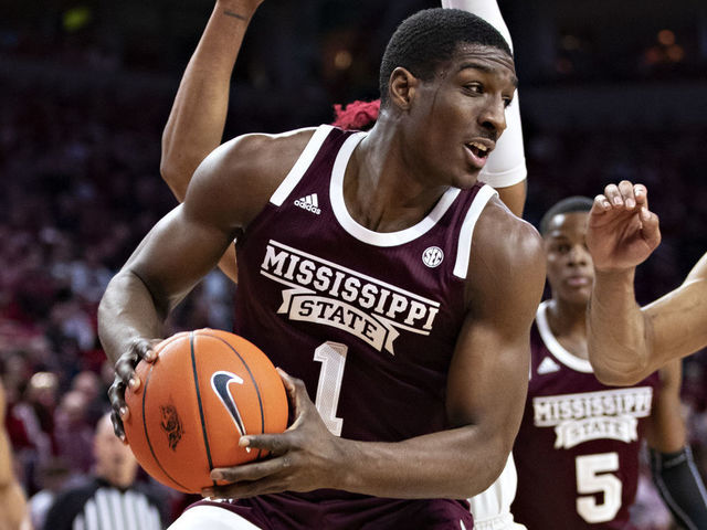 FAYETTEVILLE, AR - FEBRUARY 15: Reggie Perry #1 of the Mississippi State Bulldogs tries to go up for a shot during a game against the Arkansas Razorbacks at Bud Walton Arena on February 15, 2020 in Fayetteville, Arkansas. The Bulldogs defeated the Razorbacks 78-77.