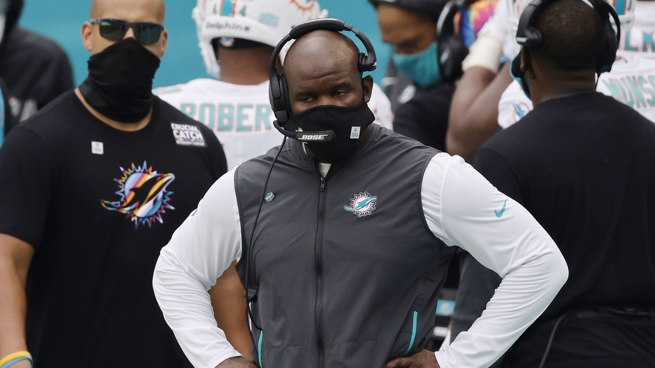 MIAMI GARDENS, FLORIDA - OCTOBER 04: Head coach Brian Flores of the Miami Dolphins reacts against the Seattle Seahawks during the second half at Hard Rock Stadium on October 04, 2020 in Miami Gardens, Florida.