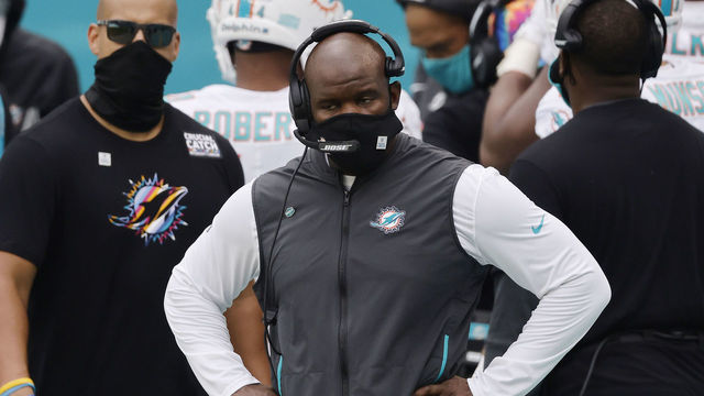 MIAMI GARDENS, FLORIDA - OCTOBER 04: Head coach Brian Flores of the Miami Dolphins reacts against the Seattle Seahawks during the second half at Hard Rock Stadium on October 04, 2020 in Miami Gardens, Florida.