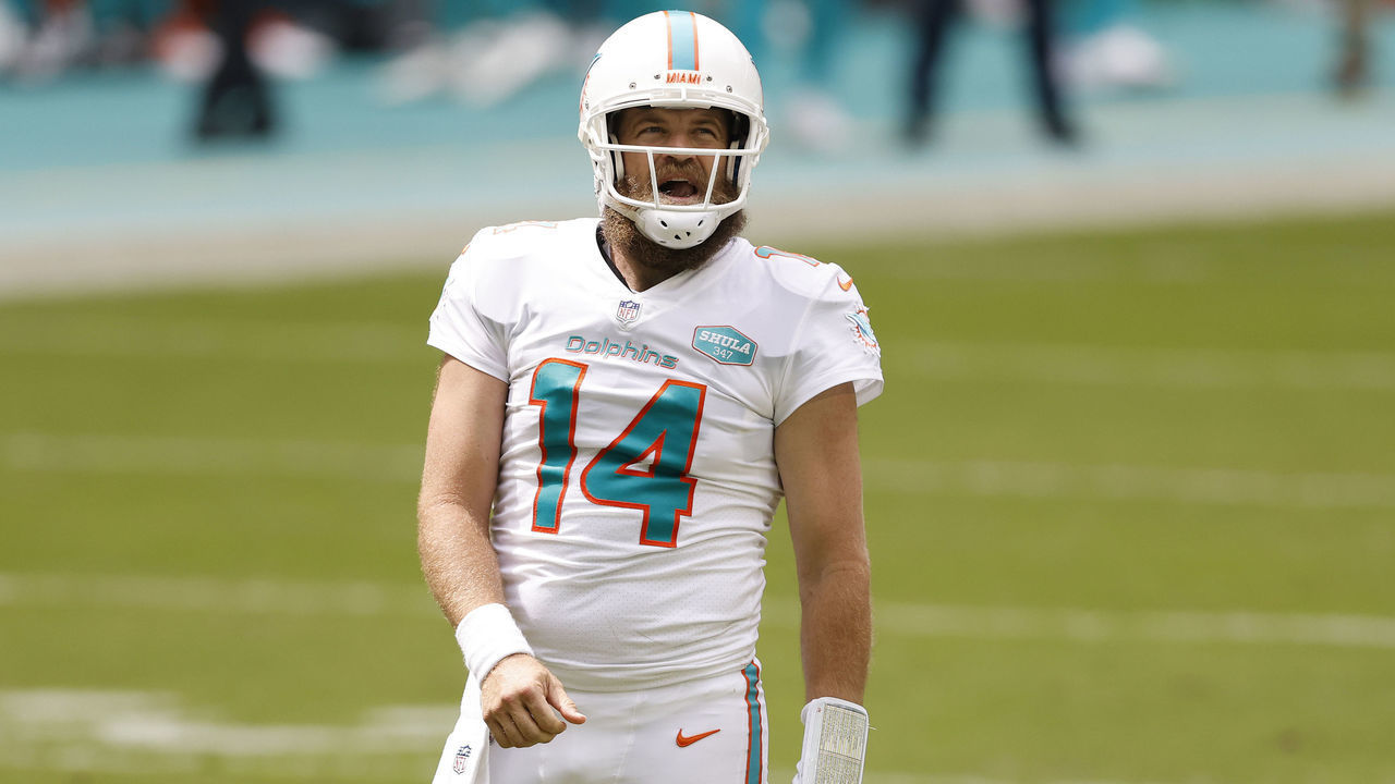 MIAMI GARDENS, FLORIDA - OCTOBER 04: Ryan Fitzpatrick #14 of the Miami Dolphins reacts against the Seattle Seahawks during the second half at Hard Rock Stadium on October 04, 2020 in Miami Gardens, Florida.