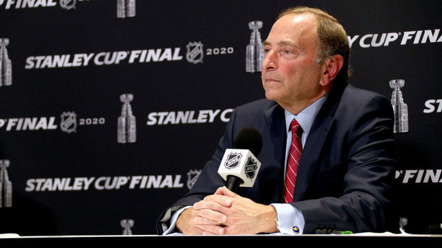 EDMONTON, ALBERTA - SEPTEMBER 19: NHL Commissioner Gary Bettman attends a press conference before Game One of the NHL Stanley Cup Final between the Dallas Stars and the Tampa Bay Lightning at Rogers Place on September 19, 2020 in Edmonton, Alberta.