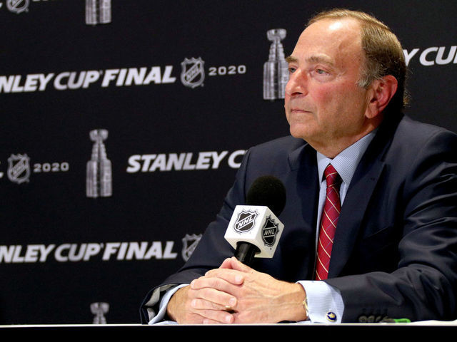 EDMONTON, ALBERTA - SEPTEMBER 19: NHL Commissioner Gary Bettman attends a press conference before Game One of the NHL Stanley Cup Final between the Dallas Stars and the Tampa Bay Lightning at Rogers Place on September 19, 2020 in Edmonton, Alberta.