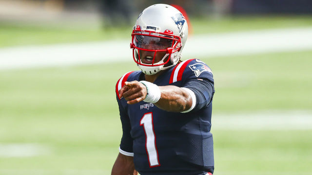 FOXBOROUGH, MASSACHUSETTS - SEPTEMBER 27: Cam Newton #1 of the New England Patriots gestures during a game against the Las Vegas Raiders at Gillette Stadium on September 27, 2020 in Foxborough, Massachusetts.