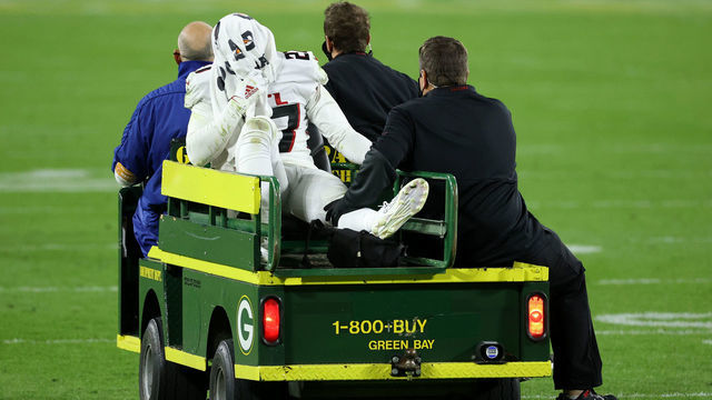 GREEN BAY, WISCONSIN - OCTOBER 05: Damontae Kazee #27 of the Atlanta Falcons is carted off the field after suffering an injury during the first half against the Green Bay Packers at Lambeau Field on October 05, 2020 in Green Bay, Wisconsin.