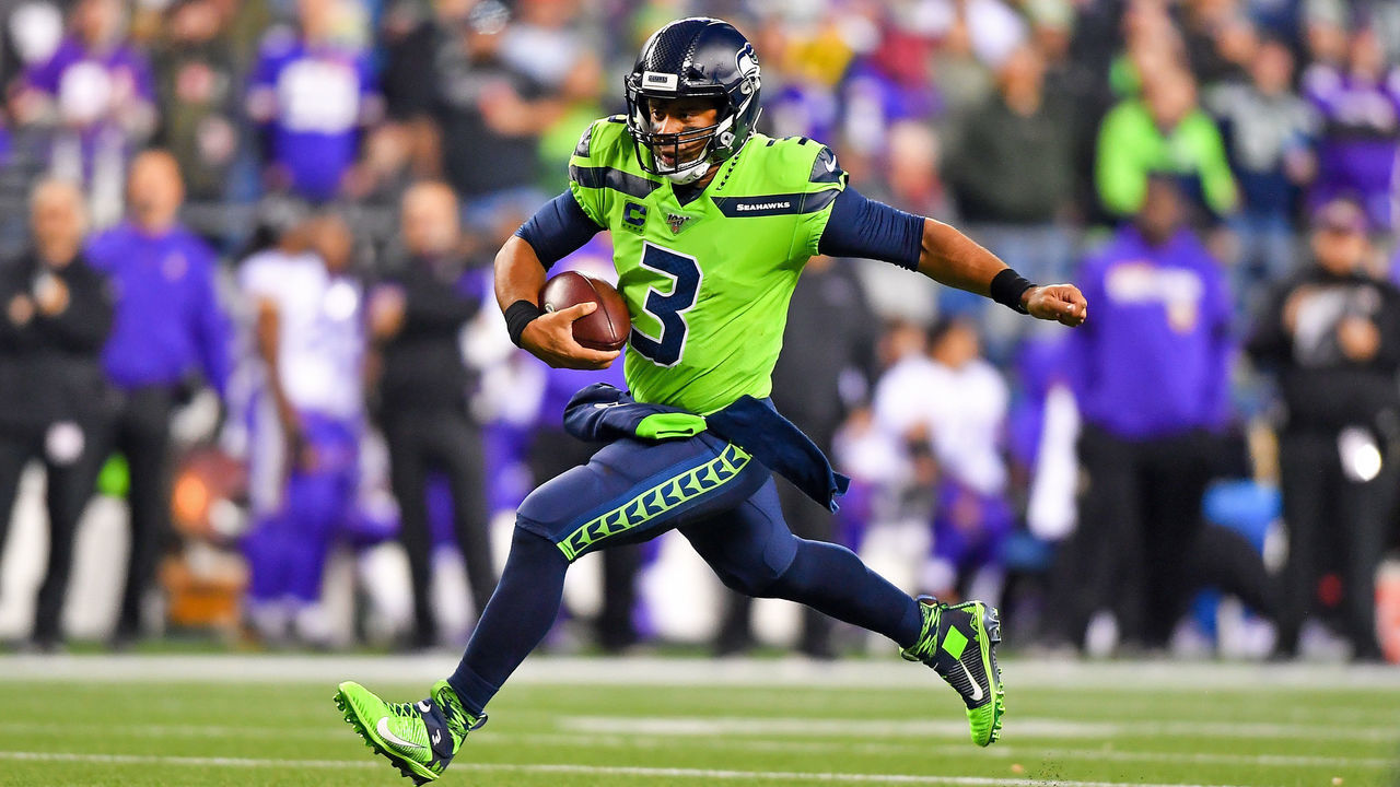 SEATTLE, WASHINGTON - DECEMBER 02: Russell Wilson #3 of the Seattle Seahawks scrambles for yards during the game against the Minnesota Vikings at CenturyLink Field on December 02, 2019 in Seattle, Washington. The Seattle Seahawks won, 37-30.