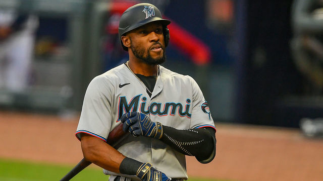 ATLANTA, GA SEPTEMBER 22: Miami Marlins center fielder Starling Marte (6) reacts after striking out during the MLB game between the Miami Marlins and the Atlanta Braves on September 22nd, 2020 at Truist Park in Atlanta, GA.