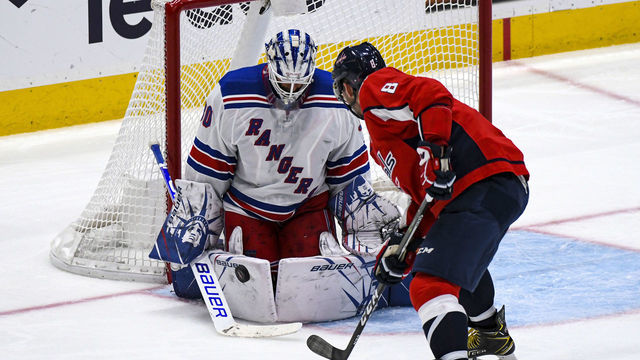 WASHINGTON, DC - OCTOBER 18: New York Rangers goaltender Henrik Lundqvist (30) makes a third period save on shot by Washington Capitals left wing Alex Ovechkin (8) on October 18, 2019, at the Capital One Arena in Washington, D.C.