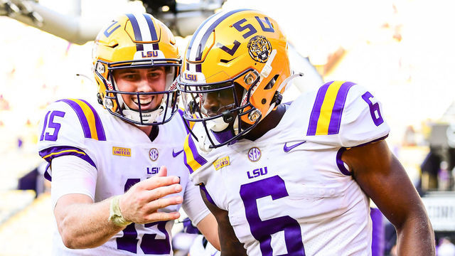 BATON ROUGE, LA - SEPTEMBER 26: Terrace Marshall Jr. #6 and Myles Brennan #15 of the LSU Tigers celebrate after a play against the Mississippi State Bulldogs on September 26, 2020 at Tiger Stadium in Baton Rouge, Louisiana.