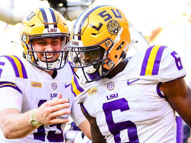 BATON ROUGE, LA - SEPTEMBER 26: Terrace Marshall Jr. #6 and Myles Brennan #15 of the LSU Tigers celebrate after a play against the Mississippi State Bulldogs on September 26, 2020 at Tiger Stadium in Baton Rouge, Louisiana.