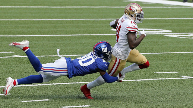 EAST RUTHERFORD, NEW JERSEY - SEPTEMBER 27: (NEW YORK DAILIES OUT) Mohamed Sanu Sr. #14 of the San Francisco 49ers in action against Darnay Holmes #30 of the New York Giants at MetLife Stadium on September 27, 2020 in East Rutherford, New Jersey. The 49ers defeated the Giants 36-9.