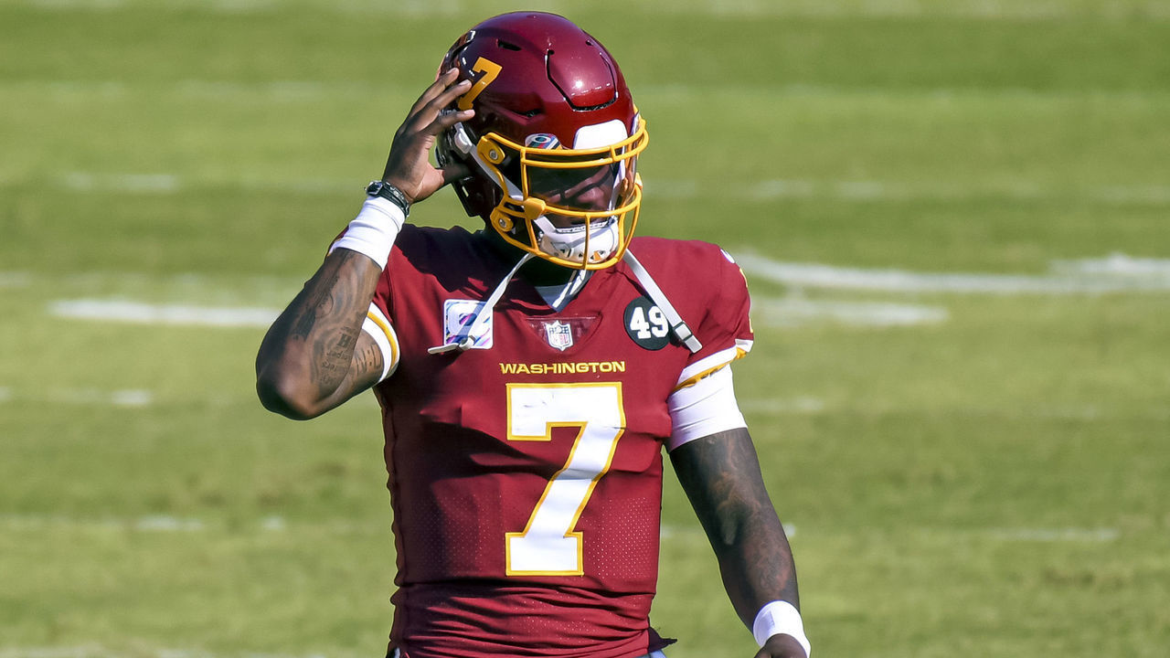 LANDOVER, MD - OCTOBER 04: Washington Football Team quarterback Dwayne Haskins (7) walks to the sidelines during the Baltimore Ravens game versus the Washington Football Team on October 4, 2020 at FedEx Field in in Landover, MD.
