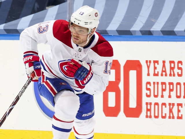 TORONTO, ONTARIO - AUGUST 14: Max Domi #13 of the Montreal Canadiens plays the puck against the Philadelphia Flyers during the second period in Game Two of the Eastern Conference First Round of the 2020 NHL Stanley Cup Playoff at Scotiabank Arena on August 14, 2020 in Toronto, Ontario.
