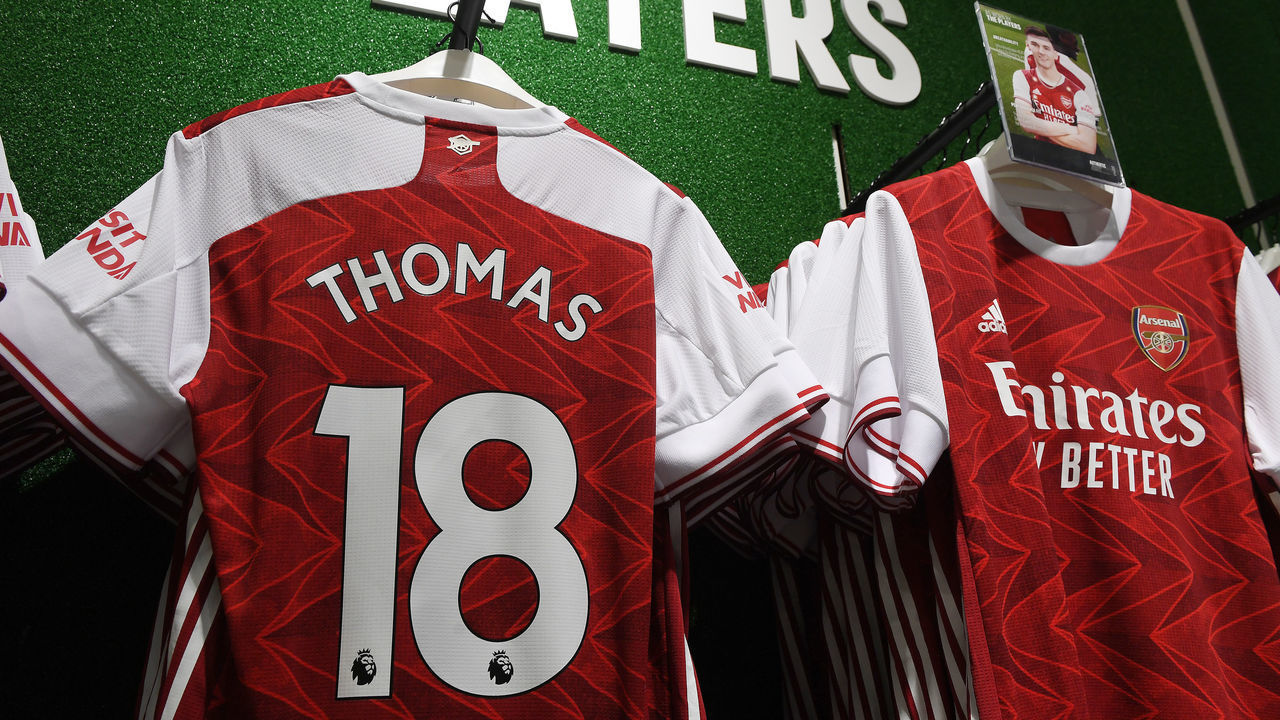 LONDON, ENGLAND - OCTOBER 06: Shirts featuring the name of Arsenal's new signing Thomas Partey on display in the Armoury store at Emirates Stadium on October 06, 2020 in London, England.