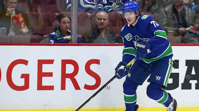 VANCOUVER, BC - MARCH 6: Tyler Toffoli #73 of the Vancouver Canucks skates up ice during their NHL game against the Colorado Avalanche at Rogers Arena March 6, 2020 in Vancouver, British Columbia, Canada. "n