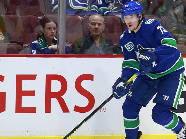 VANCOUVER, BC - MARCH 6: Tyler Toffoli #73 of the Vancouver Canucks skates up ice during their NHL game against the Colorado Avalanche at Rogers Arena March 6, 2020 in Vancouver, British Columbia, Canada. "n