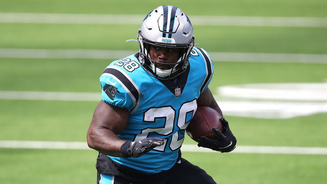 INGLEWOOD, CALIFORNIA - SEPTEMBER 27: Mike Davis #28 of the Carolina Panthers runs the ball during the first half of a game against the Los Angeles Chargers at SoFi Stadium on September 27, 2020 in Inglewood, California.