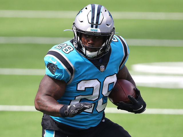 INGLEWOOD, CALIFORNIA - SEPTEMBER 27: Mike Davis #28 of the Carolina Panthers runs the ball during the first half of a game against the Los Angeles Chargers at SoFi Stadium on September 27, 2020 in Inglewood, California.