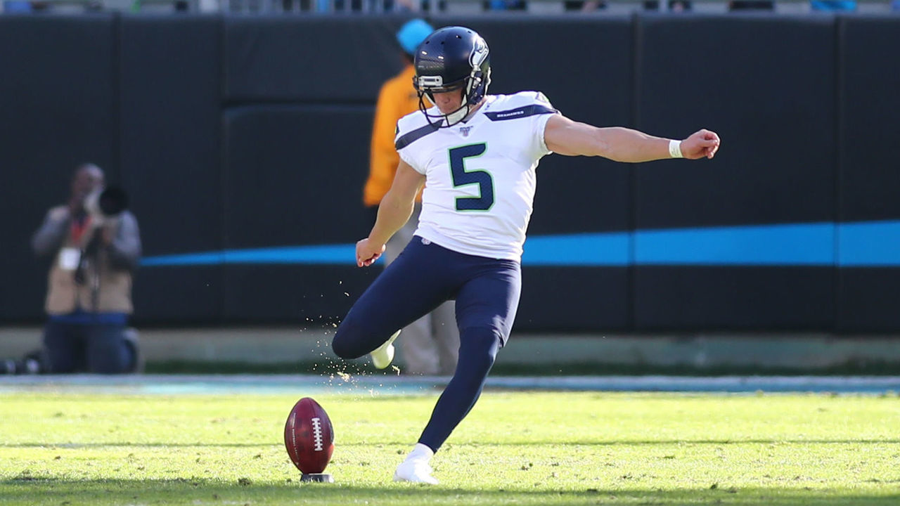 CHARLOTTE, NC - DECEMBER 15: Seattle Seahawks kicker Jason Myers (5) kicks the ball during the 1st half of the Carolina Panthers versus the Seattle Seahawks on December 15, 2019, at Bank of America Stadium in Charlotte, NC.