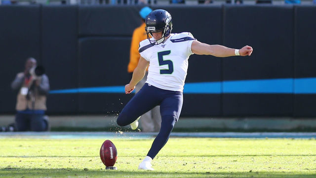 CHARLOTTE, NC - DECEMBER 15: Seattle Seahawks kicker Jason Myers (5) kicks the ball during the 1st half of the Carolina Panthers versus the Seattle Seahawks on December 15, 2019, at Bank of America Stadium in Charlotte, NC.