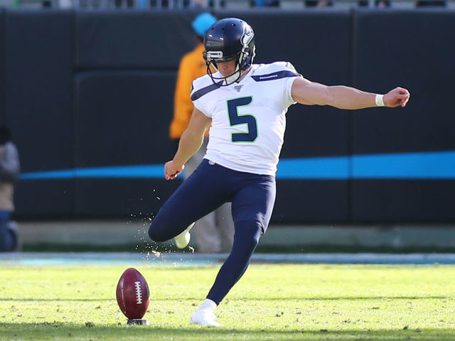 CHARLOTTE, NC - DECEMBER 15: Seattle Seahawks kicker Jason Myers (5) kicks the ball during the 1st half of the Carolina Panthers versus the Seattle Seahawks on December 15, 2019, at Bank of America Stadium in Charlotte, NC.