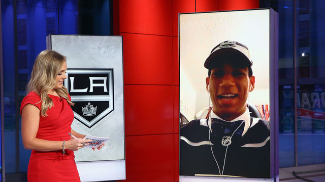 SECAUCUS, NEW JERSEY - OCTOBER 06: Jamie Hersch of the NHL Network interviews Quinton Byfield of Sudbury of the OHL after his selection by the Los Angeles Kings in the 2020 National Hockey League Draft at the NHL Network Studio on October 06, 2020 in Secaucus, New Jersey.