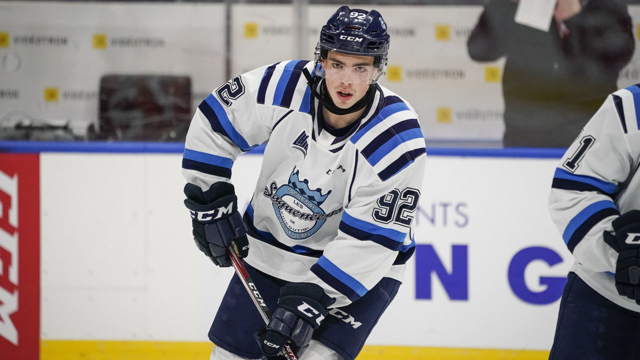 QUEBEC CITY, QC - OCTOBER 11: Hendrix Lapierre #92 of the Chicoutimi Sagueneens skates prior to his QMJHL hockey game at the Videotron Center on October 11, 2019 in Quebec City, Quebec, Canada.