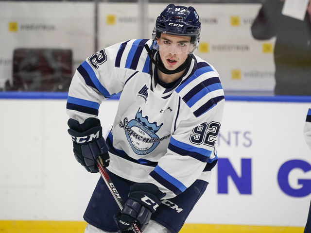 QUEBEC CITY, QC - OCTOBER 11: Hendrix Lapierre #92 of the Chicoutimi Sagueneens skates prior to his QMJHL hockey game at the Videotron Center on October 11, 2019 in Quebec City, Quebec, Canada.