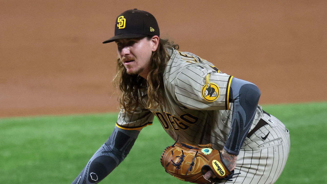 ARLINGTON, TEXAS - OCTOBER 06: Starting pitcher Mike Clevinger #52 of the San Diego Padres prepares to throw against the Los Angeles Dodgers in the first inning of Game One of the National League Divisional Series at Globe Life Field on October 06, 2020 in Arlington, Texas.