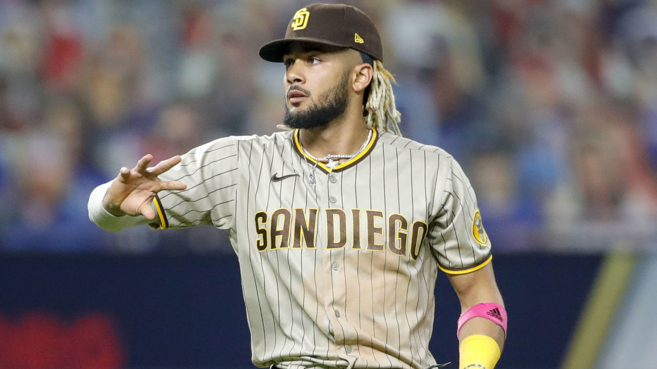 ARLINGTON, TX - OCTOBER 06: Fernando Tatis Jr. #23 of the San Diego Padres during Game 1 of the NLDS between the Los Angeles Dodgers and the San Diego Padres at Globe Life Field on Tuesday, October 6, 2020 in Arlington, Texas.