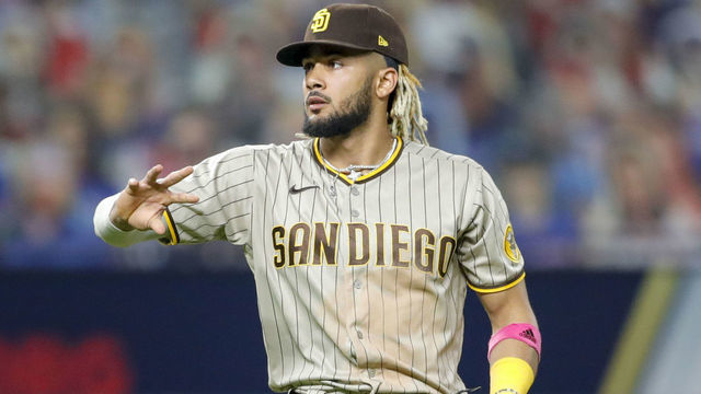 ARLINGTON, TX - OCTOBER 06: Fernando Tatis Jr. #23 of the San Diego Padres during Game 1 of the NLDS between the Los Angeles Dodgers and the San Diego Padres at Globe Life Field on Tuesday, October 6, 2020 in Arlington, Texas.