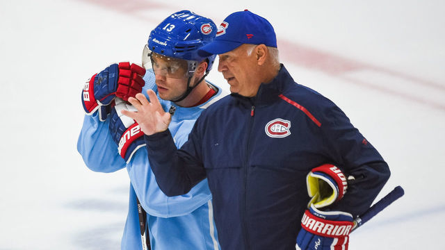 MONTREAL, QC - JULY 20: Montreal Canadiens center Max Domi (13) discuss with Montreal Canadiens head coach Claude Julien during the Montreal Canadiens training camp on July 20, 2020, at Bell Sports Complex in Brossard, QC
