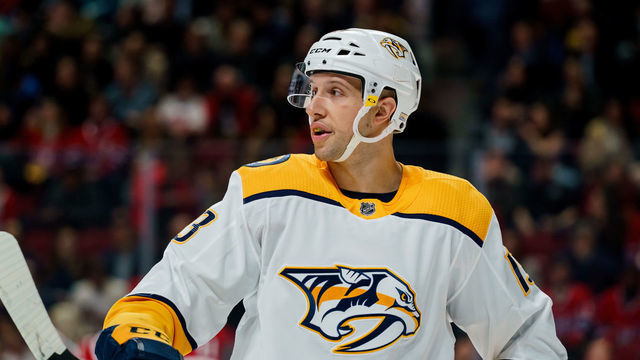MONTREAL, QC - MARCH 10: Nick Bonino (13) of the Nashville Predators waits for play to begin during the first period of the NHL game between the Nashville Predators and the Montreal Canadiens on March 10, 2020, at the Bell Centre in Montreal, QC