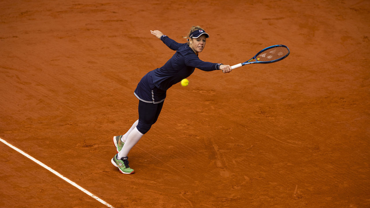 PARIS, FRANCE - OCTOBER 07: Laura Siegemund of Germany hits a backhand against Petra Kvitova of the Czech Republic in the quarter finals of the women’s singles at Roland Garros on October 07, 2020 in Paris, France.