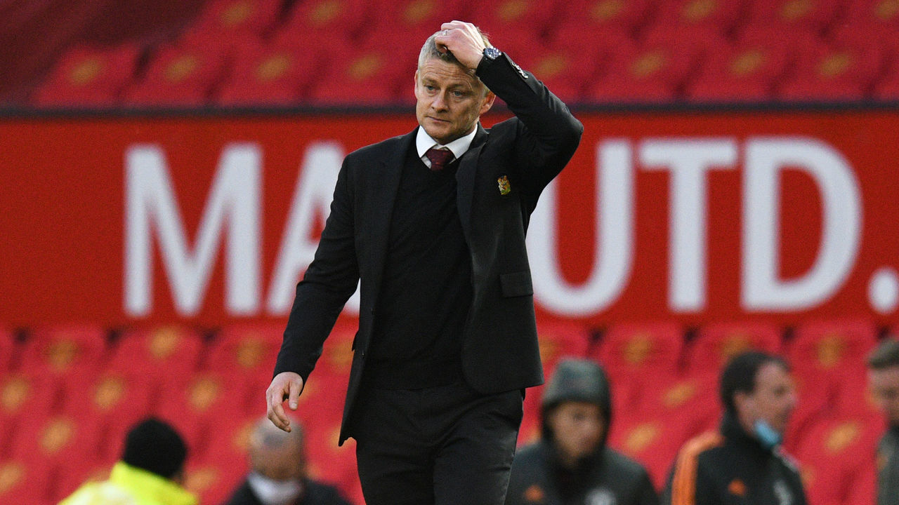 MANCHESTER, ENGLAND - OCTOBER 04: Ole Gunnar Solskjaer, Manager of Manchester United reacts looks dejected following the Premier League match between Manchester United and Tottenham Hotspur at Old Trafford on October 04, 2020 in Manchester, England. Sporting stadiums around the UK remain under strict restrictions due to the Coronavirus Pandemic as Government social distancing laws prohibit fans inside venues resulting in games being played behind closed doors.