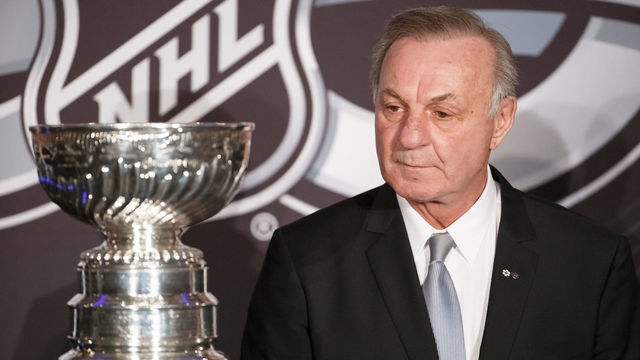 OTTAWA, ON - MARCH 17: Guy Lafleur looks on as he stands with the Stanley Cup during the 2017 Scotiabank NHL 100 Classic announcement at the Chateau Laurier on March 17, 2017 in Ottawa, Ontario, Canada.