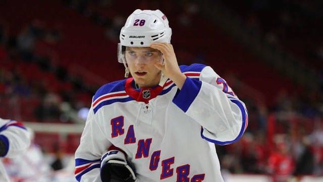 RALEIGH, NC - NOVEMBER 07: New York Rangers center Lias Andersson (28) during the warmups of the Carolina Hurricanes game versus the New York Rangers on November 7th, 2019 at PNC Arena in Raleigh, NC