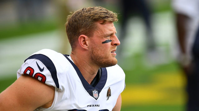 PITTSBURGH, PA - SEPTEMBER 27: J.J. Watt #99 of the Houston Texans looks on during warmups prior to the game against the Pittsburgh Steelers at Heinz Field on September 27, 2020 in Pittsburgh, Pennsylvania.