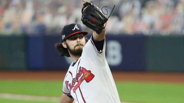 HOUSTON, TEXAS - OCTOBER 07: Ian Anderson #48 of the Atlanta Braves delivers a pitch during the first inning against the Miami Marlins in Game Two of the National League Division Series at Minute Maid Park on October 07, 2020 in Houston, Texas.