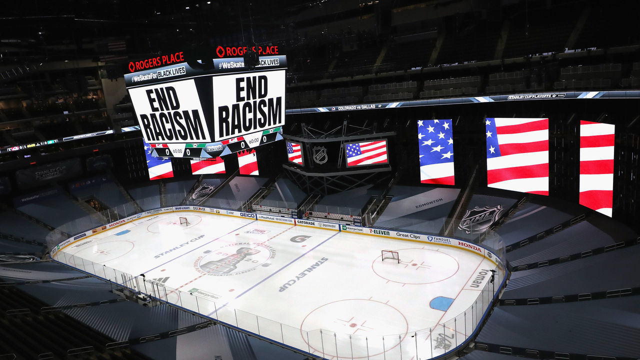 EDMONTON, ALBERTA - AUGUST 26: "End Racism" is displayed on the scoreboard in light of the recent events in Kenosha, Wisconsin, in regards to the shooting of Jacob Blake, prior to Game Three of the Western Conference Second Round during the 2020 NHL Stanley Cup Playoffs at Rogers Place on August 26, 2020 in Edmonton, Alberta.