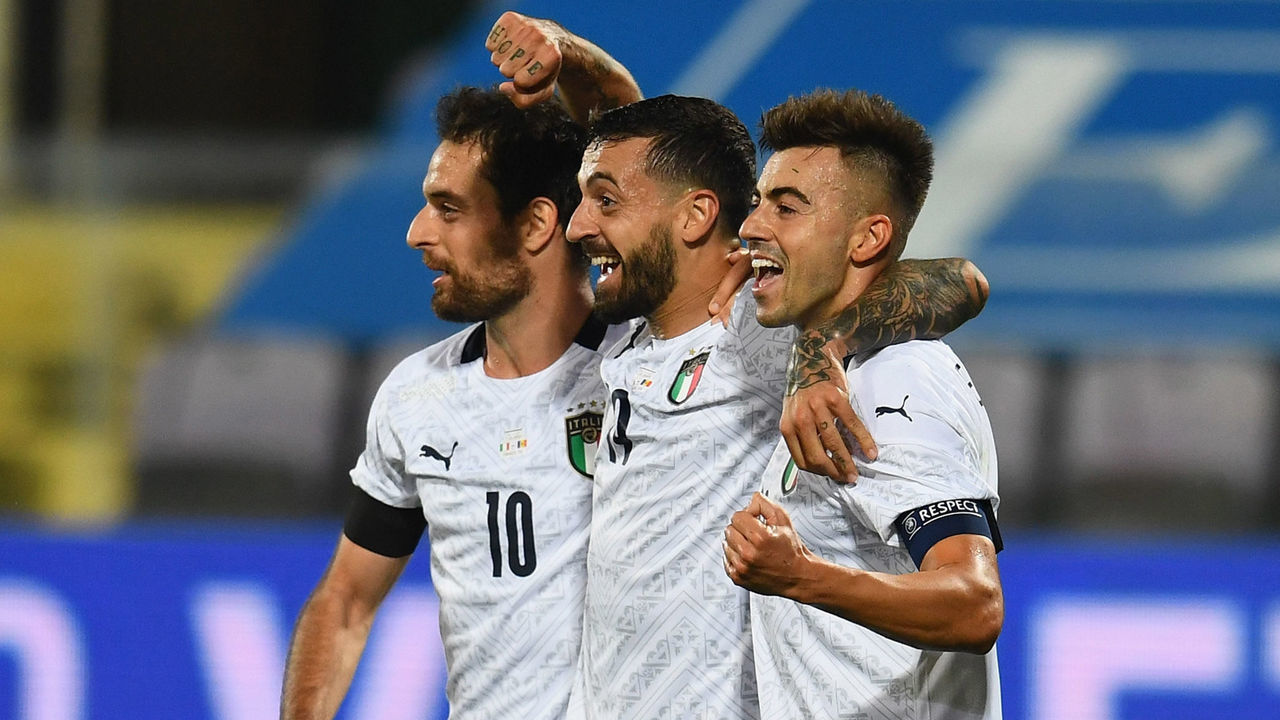 FLORENCE, ITALY - OCTOBER 07: Francesco Caputo (C) of Italy celebrates with Stephan El Shaarawy after scoring his team's second goal during the international friendly match between Italy and Moldova at Artemio Franchi on October 7, 2020 in Florence, Italy.