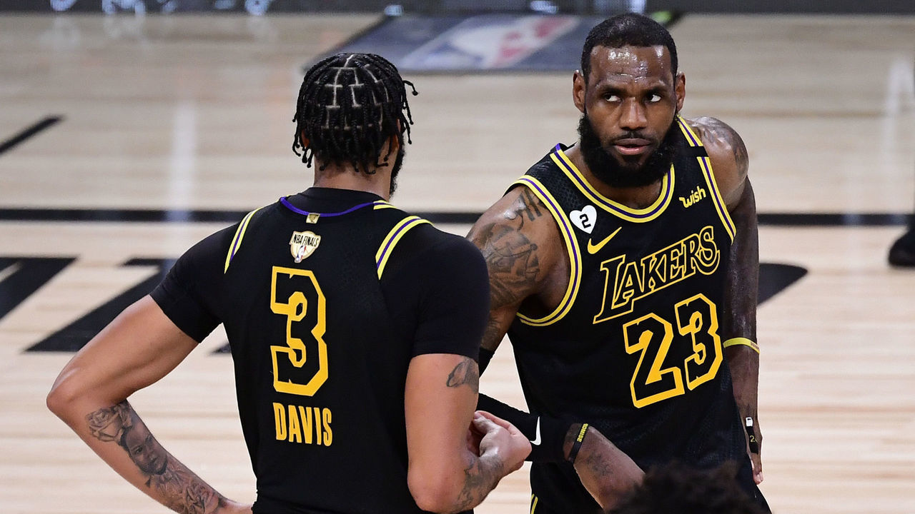LAKE BUENA VISTA, FLORIDA - OCTOBER 02: LeBron James #23 of the Los Angeles Lakers reacts with Anthony Davis #3 during the second half against the Miami Heat in Game Two of the 2020 NBA Finals at AdventHealth Arena at ESPN Wide World Of Sports Complex on October 02, 2020 in Lake Buena Vista, Florida.