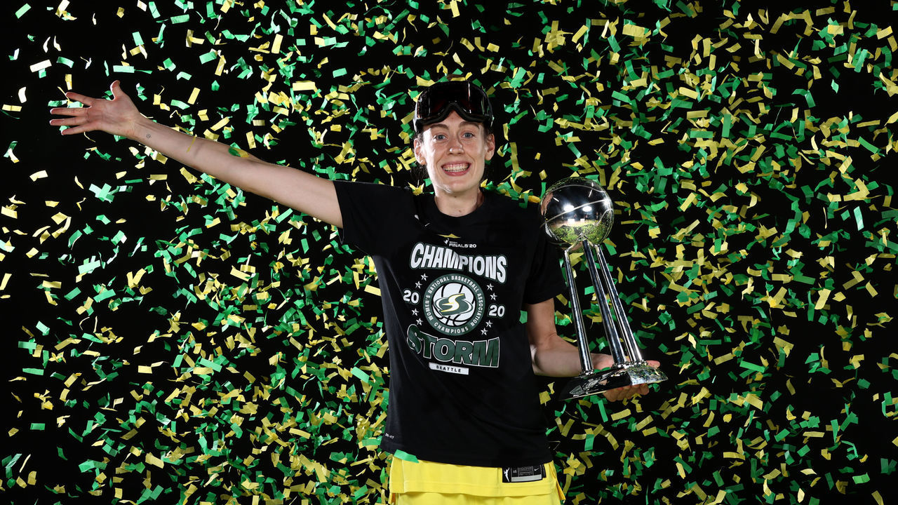 PALMETTO, FL - OCTOBER 6: Breanna Stewart #30 of the Seattle Storm poses for a portrait with the WNBA Championship Trophy after winning Game 3 of the 2020 WNBA Finals against the Las Vegas Aces on October 6, 2020 at Feld Entertainment Center in Palmetto, Florida. NOTE TO USER: User expressly acknowledges and agrees that, by downloading and/or using this Photograph, user is consenting to the terms and conditions of the Getty Images License Agreement. Mandatory Copyright Notice: Copyright 2020 NBAE