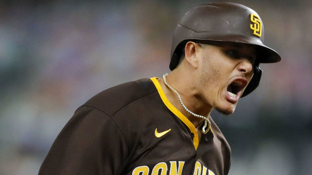 ARLINGTON, TX - OCTOBER 07: Manny Machado #13 of the San Diego Padres screams around the bases after hitting a solo home run to lead off the sixth inning during Game 2 of the NLDS between the Los Angeles Dodgers and the San Diego Padres at Globe Life Field on Wednesday, October 7, 2020 in Arlington, Texas.