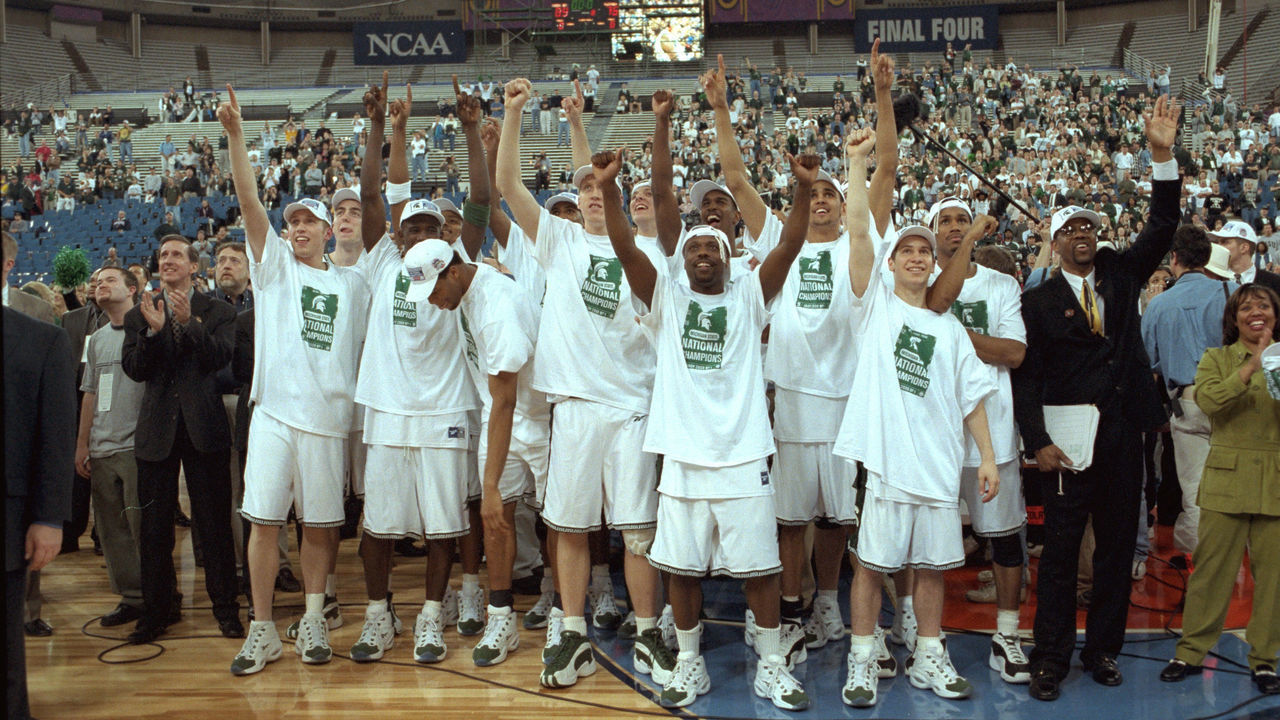 03 APR 2000: Michigan State basketball team celebrates their win after the NCAA Photos via Getty Images Division I Men's Basketball Final Four championship game held in the RCA Dome in Indianapolis, IN. The Michigan State Spartans defeated the University of Florida Gators 89-76 for the championship title. Rich Clarkson/NCAA Photos via Getty Images