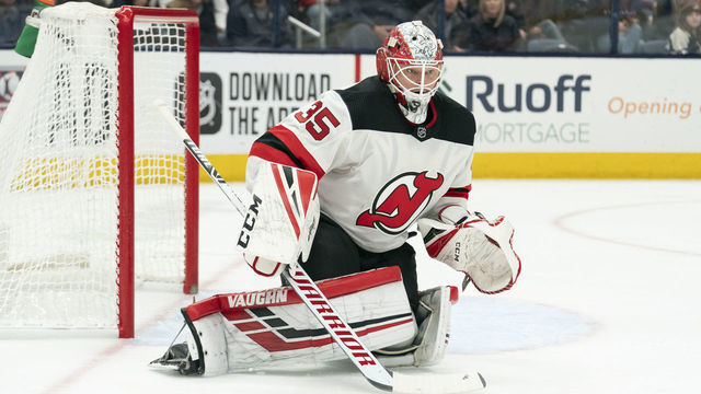 COLUMBUS, OH - JANUARY 18: New Jersey Devils goaltender Cory Schneider (35) tends net during the game between the Columbus Blue Jackets and the New Jersey Devils at Nationwide Arena in Columbus, Ohio on January 18, 2020.