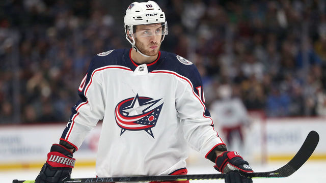 DENVER, COLORADO - FEBRUARY 05: Alex Wennberg #10 of the Columbus Blue Jackets plays the Colorado Avalanche at the Pepsi Center on February 05, 2019 in Denver, Colorado.