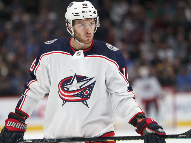 DENVER, COLORADO - FEBRUARY 05: Alex Wennberg #10 of the Columbus Blue Jackets plays the Colorado Avalanche at the Pepsi Center on February 05, 2019 in Denver, Colorado.
