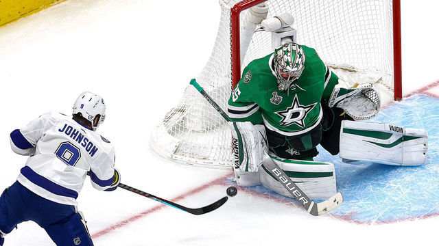 EDMONTON, ALBERTA - SEPTEMBER 28: Anton Khudobin #35 of the Dallas Stars makes the save against Tyler Johnson #9 of the Tampa Bay Lightning during the first period in Game Six of the 2020 NHL Stanley Cup Final at Rogers Place on September 28, 2020 in Edmonton, Alberta, Canada.