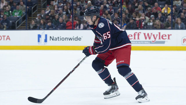 COLUMBUS, OH - FEBRUARY 28: Columbus Blue Jackets Defenceman Markus Nutivaara (65) skates during an NHL game between the Columbus Blue Jackets and the Minnesota Wild on February 28, 2020, at Nationwide Arena in Columbus, OH.